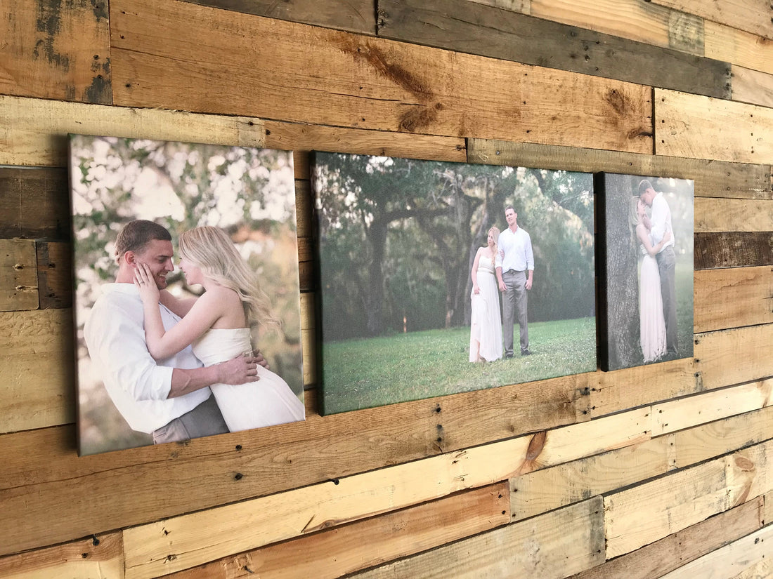 A three canvas print layout of a couple in a wedding photoshoot.