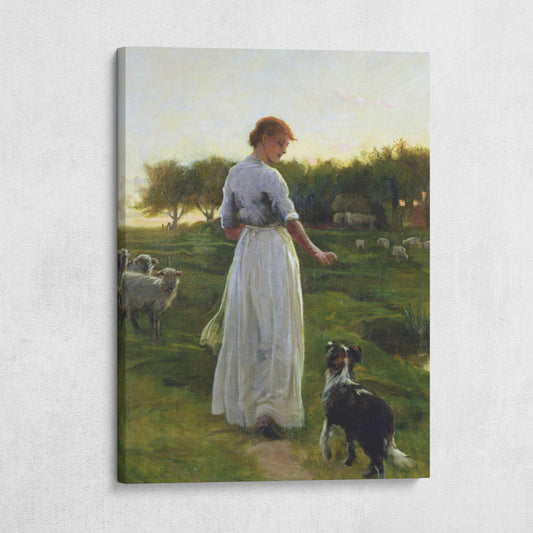 A Shepherdess with her Dog and Flock in a Moonlit Meadow